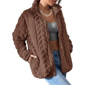 Women's Chestnut Fleece Jacket 2026 Zipper Stand Collar Casual Coats with Pocket